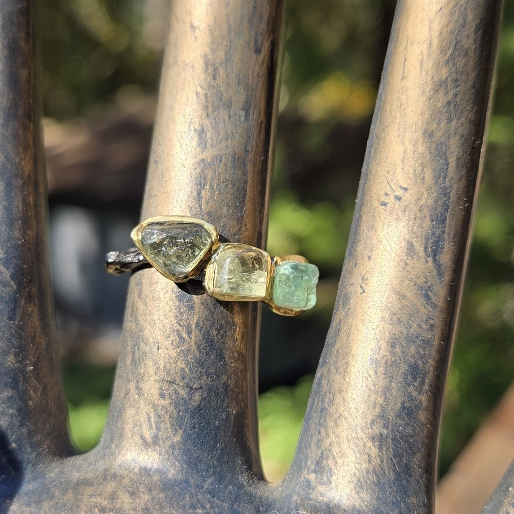 Tourmaline Natural Gemstones Sterling Rhodium & Gold Ring Sz8 - Picture 4 of 10